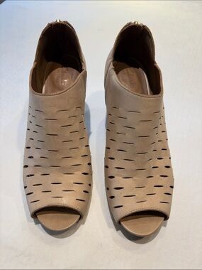 Clarks Taupe Perforated Peep-Toe Leather Mules